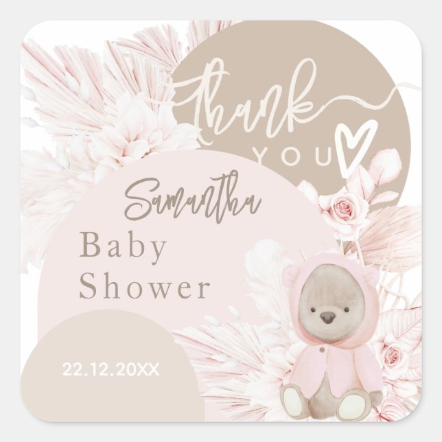 Teddy Bear Modern Boho Girl Babydusche Danke Quadratischer Aufkleber (Vorderseite)
