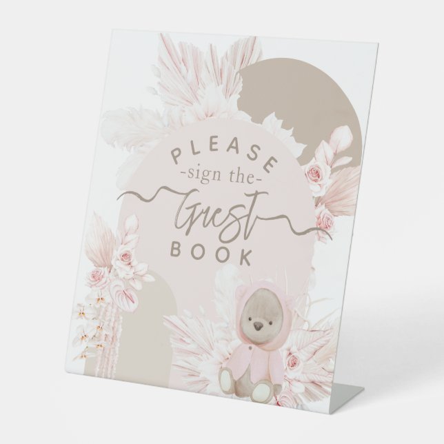 Teddy Bear Modern Boho Girl Babydusche Gästebuch Sockelschild (Vorderseite)