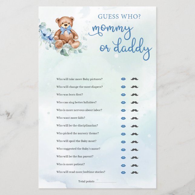 Teddy Bear Mommy oder Daddy Boy Baby Showspiel (Vorderseite)