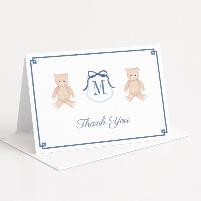 Teddy Bear Monogram Babydusche Dankeskarte (Classic baby shower thank you card featuring watercolor teddy bear and monogram detail)