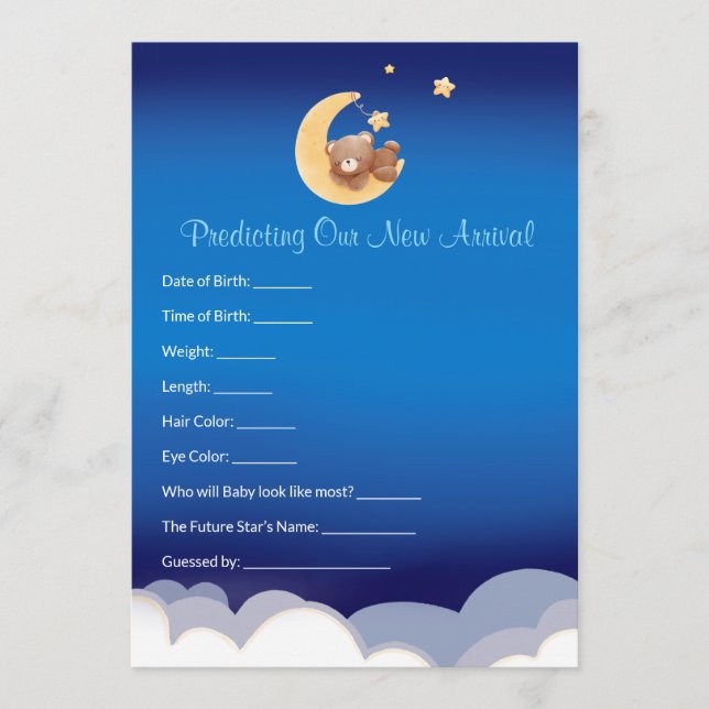 Teddy Bear Moon Baby Shower Prediction  Mitteilungskarte (Vorderseite)