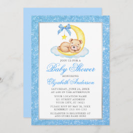 Teddy Bear Moon Blue Glitzer Baby Dusche Einladung