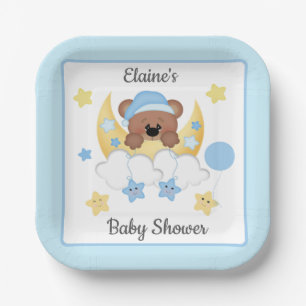Teddy Bear Moon Clouds Stars Baby Boy Dusche Pappteller