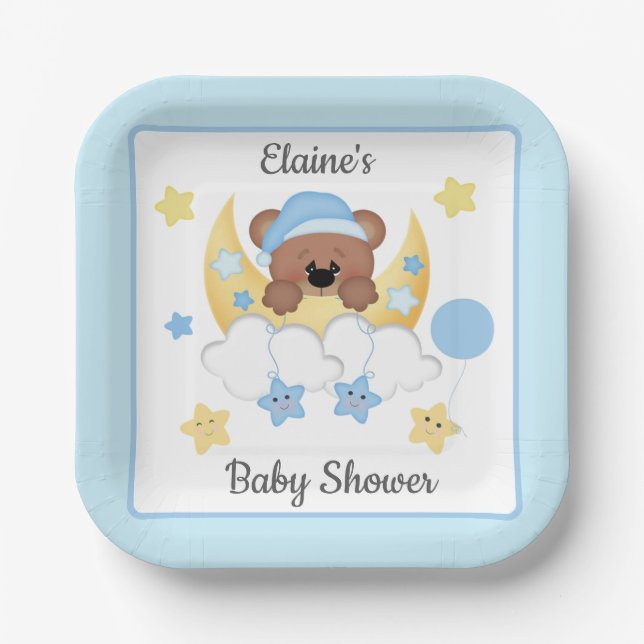 Teddy Bear Moon Clouds Stars Baby Boy Dusche Pappteller (Vorderseite)