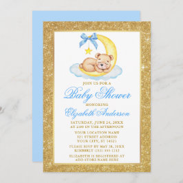 Teddy Bear Moon Gold Glitzer Baby Dusche Blue Einladung