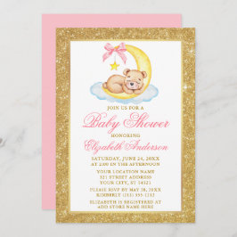 Teddy Bear Moon Gold Glitzer Baby Dusche Rosa Einladung