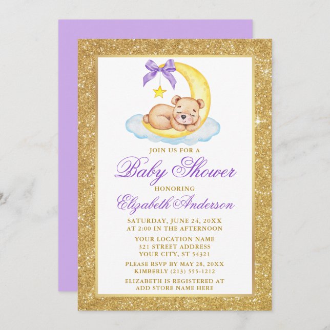 Teddy Bear Moon Gold Glitzer Kinderdusche Lila Einladung (Vorne/Hinten)