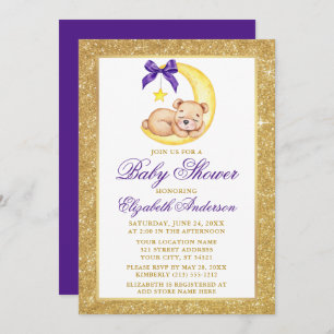 Teddy Bear Moon Gold Glitzer Lila Baby Dusche Einladung