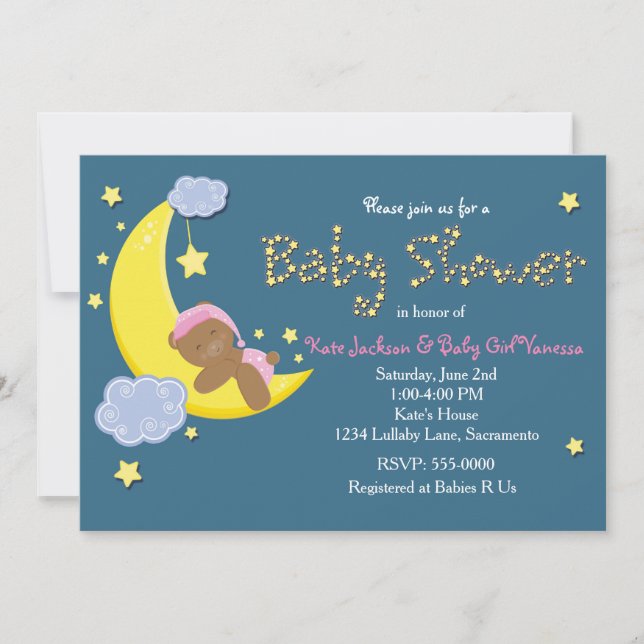 Teddy Bear Moon Star BABY SHOWER Girls Einladung (Vorderseite)