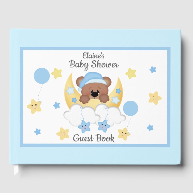 Teddy Bear Moon Stars Baby Boy Showroom Gästebuch (Vorderseite)