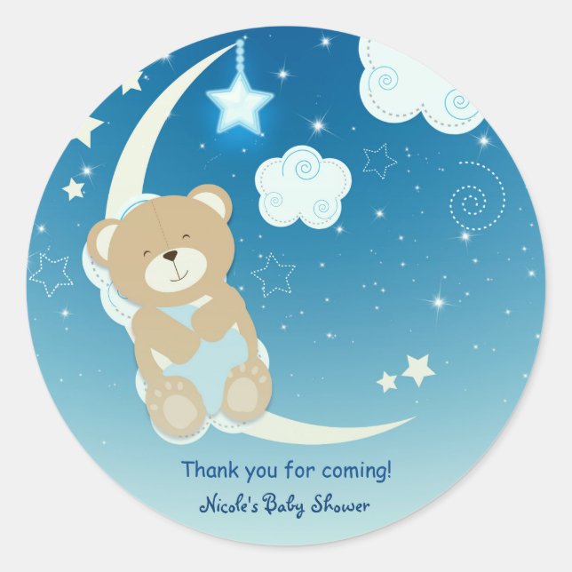 Teddy Bear Moon & Stars Baby Dusche Custom Gevor Runder Aufkleber (Vorderseite)
