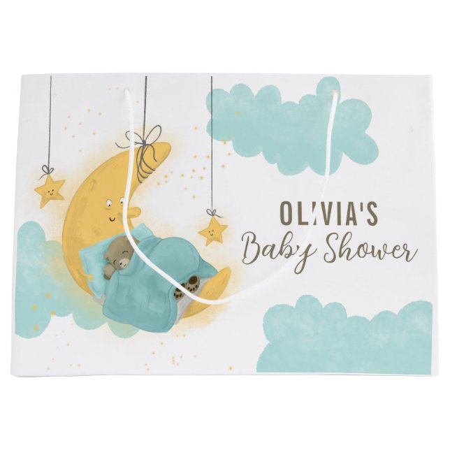 Teddy Bear Moon Stars Boy Baby Dusche Große Geschenktüte (Vorderseite)