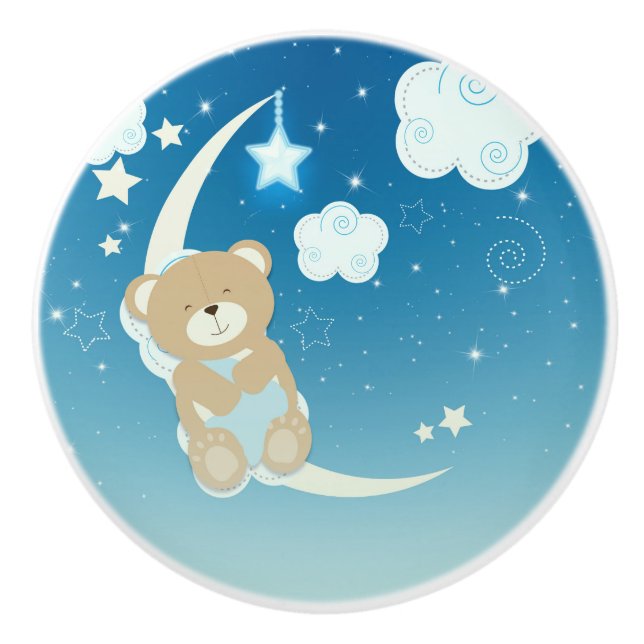 Teddy Bear Moon & Stars Niedliches Celestial Kinde Keramikknauf (Vorderseite)