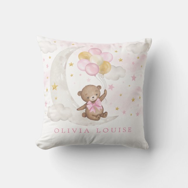Teddy Bear Moon Stars Pink Gold Balloons Baby Girl Kissen (Vorderseite)