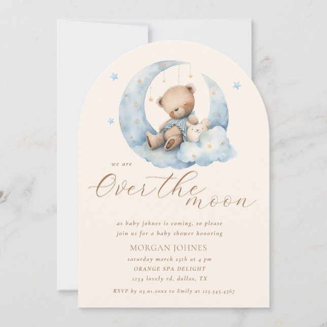 Teddy Bear Moon über der Moon Baby Dusche Einladung (Vorderseite)