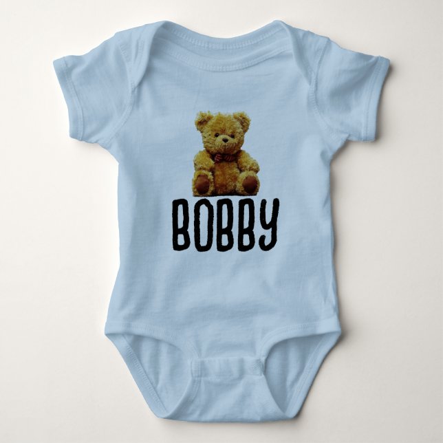 TEDDY BEAR & NAME BABY BOY BODYSUIT BABY STRAMPLER (Vorderseite)