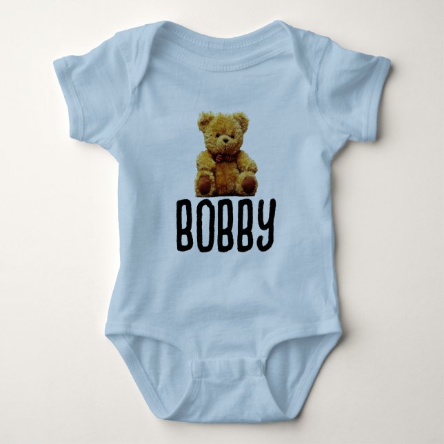 TEDDY BEAR & NAME BABY BOY BODYSUIT STRAMPLER (Vorderseite)
