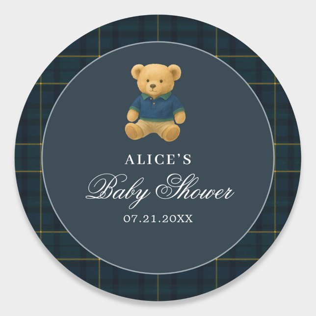 Teddy Bear Navy Blue Baby Dusche Runder Aufkleber (Von Creator hochgeladen)