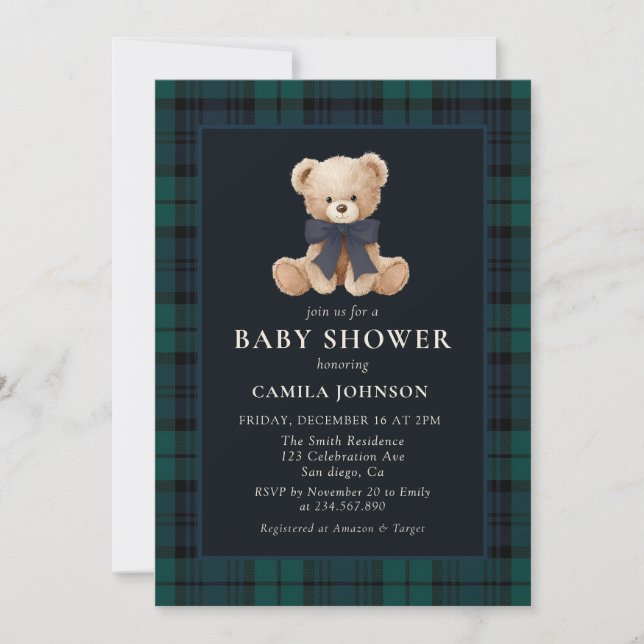 Teddy Bear Navy Plaid Baby Shower Invitation Einladung (Vorderseite)