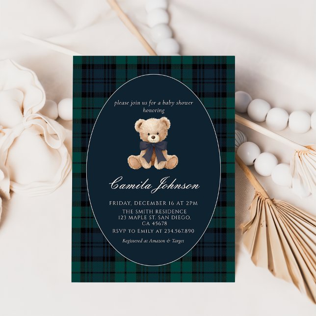 Teddy Bear Navy Plaid Baby Shower Invitation Einladung (Von Creator hochgeladen)