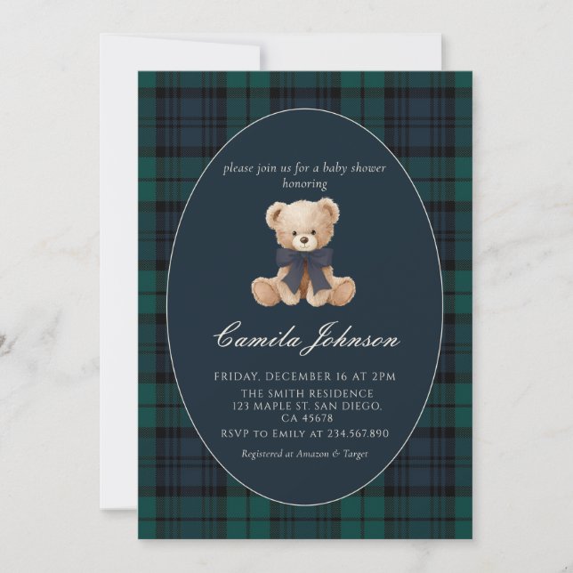 Teddy Bear Navy Plaid Baby Shower Invitation Einladung (Vorderseite)
