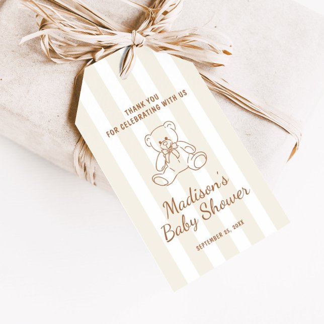 Teddy Bear Neutral Stripes Babydusche Geschenkanhänger (Von Creator hochgeladen)