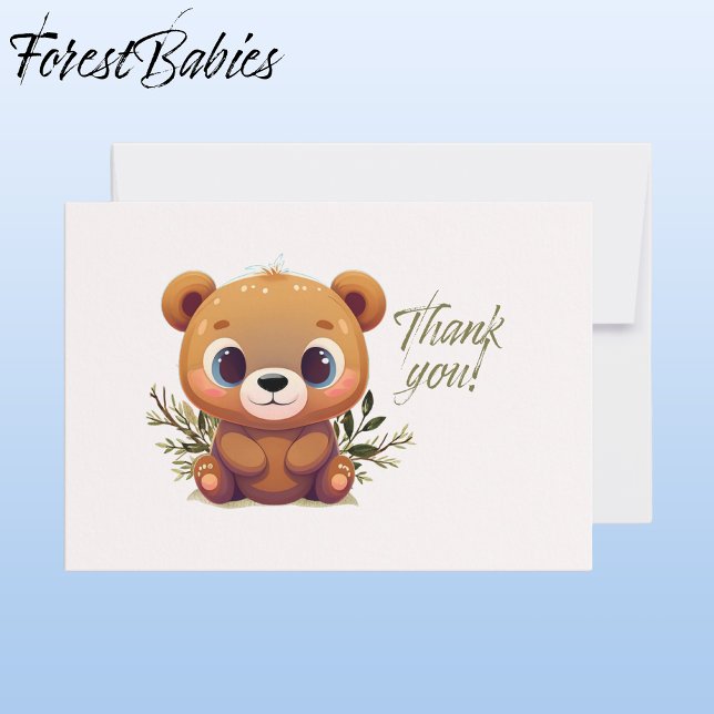 Teddy Bear Niedlich Pink Blumenblütendusche 🧸 Dankeskarte (Teddy Bear 🐻 Cute Pink with Foliage ForestBabies Baby Shower Thank You Card - Front
)