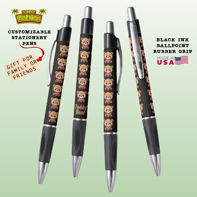 Teddy Bear, Niedlich Wildlife Woodland Animal Blac Kugelschreiber (Cute Customizable Teddy Bear Animal Cartoon Graphic Character Stationery Pen Gifts 🐻🎁)