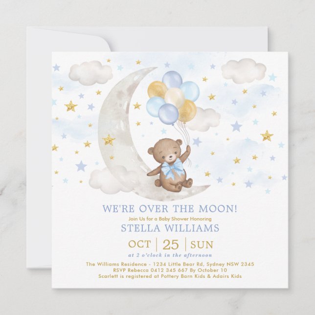 Teddy Bear on Moon Blue Gold Balloons Baby Boy Einladung (Vorderseite)