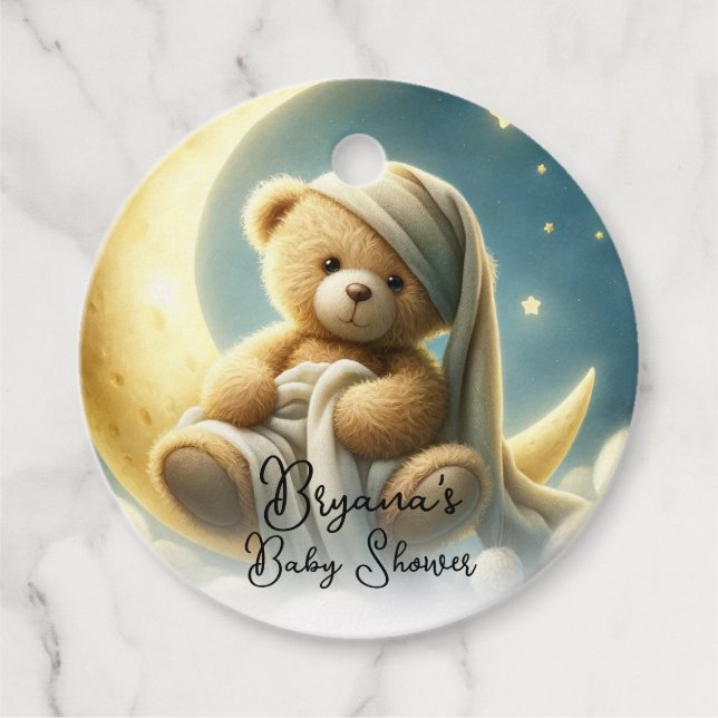 Teddy Bear on Moon Glow Stars Babydusche Geschenkanhänger (Vorderseite)