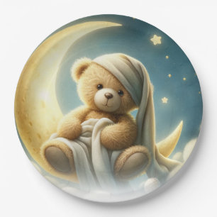 Teddy Bear on Moon Glow Stars Babydusche Pappteller
