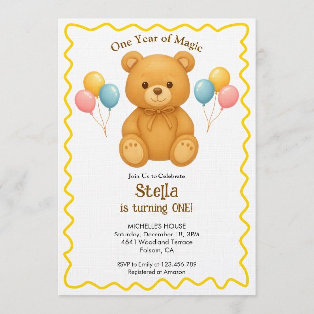 Teddy Bear One Year of Magic First Birthday  Einladung (Vorderseite)