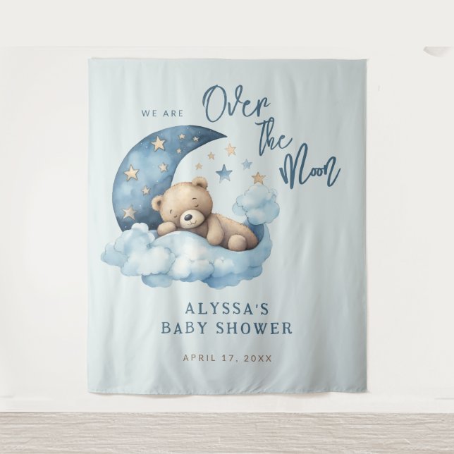 Teddy Bear Over the Moon Baby Shower Wandteppich (Vorderseite)