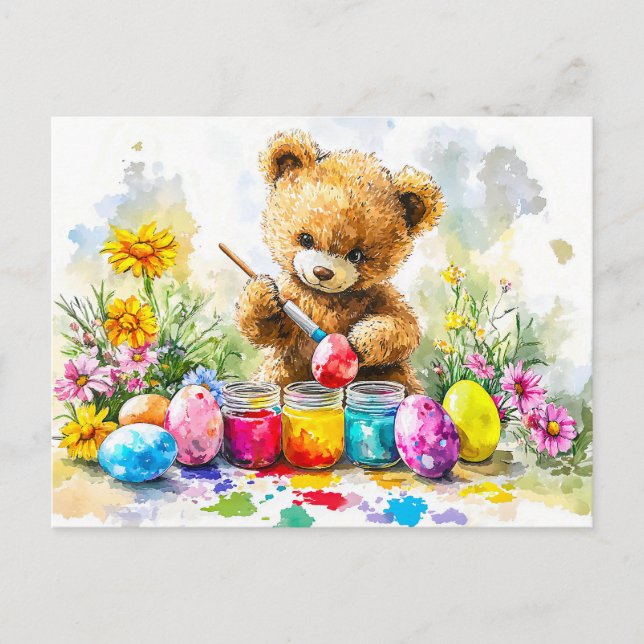  Teddy Bear Painting Easter Eggs Postkarte (Vorderseite)