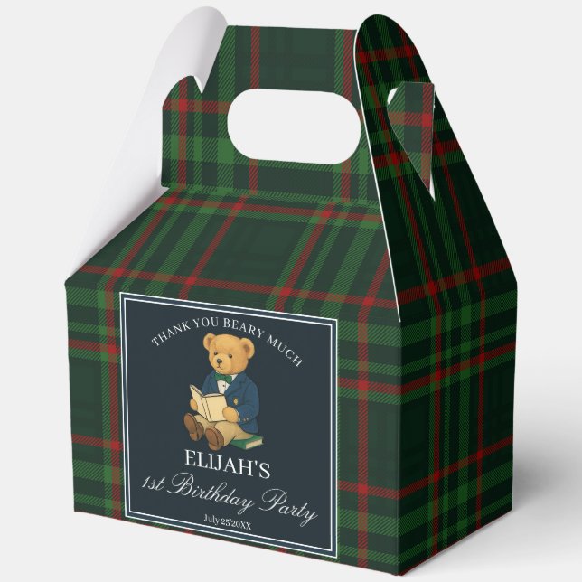 Teddy bear party favors green plaid personalized geschenkschachtel (Vorderseite)