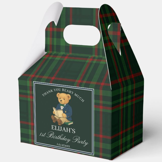 Teddy bear party favors green plaid personalized geschenkschachtel (Vorderseite)