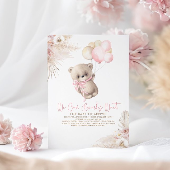 Teddy Bear Pastel Brown Pink Boho Girl Babydusche Einladung (Bear Girl Baby Shower Invitations - We Can Bearly Wait)