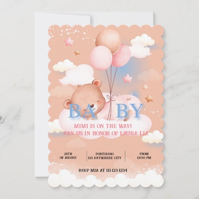 TEDDY BEAR PEACH FARBE BABY DUSITATION SAVE THE DATE (Vorderseite)