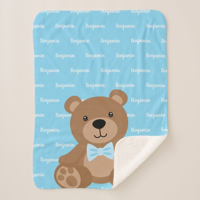 Teddy Bear Personalisiert Blue Name Boy Sherpadecke (Vorderseite)