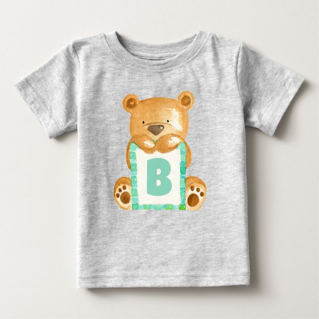 Teddy Bear Personalisiert Monogram Watercolor Baby T-shirt (Vorderseite)