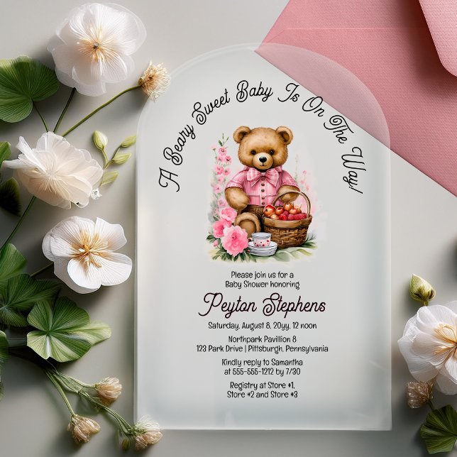Teddy Bear Picnic Beary Sweet Baby Dusche Acryleinladungen (Teddy Bear Picnic "A Beary Sweet Baby Is On The Way!" Pink Girl Baby Shower Acrylic Invitation)