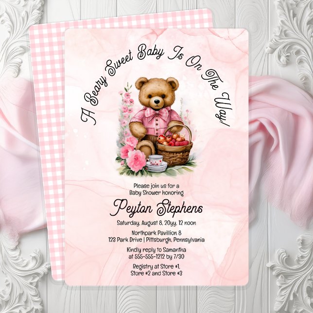 Teddy Bear Picnic Beary Sweet Baby Dusche Einladung ("A Beary Sweet Baby Is On The Way!" Teddy Bear Pink Picnic Girl Baby Shower Invitation Print | Digi)