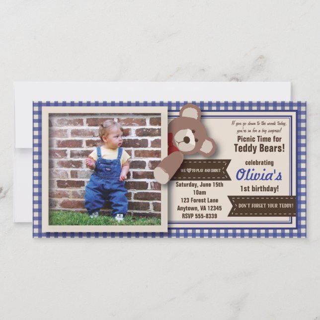 Teddy Bear Picnic Birthday - Blue Gingham (Vorderseite)