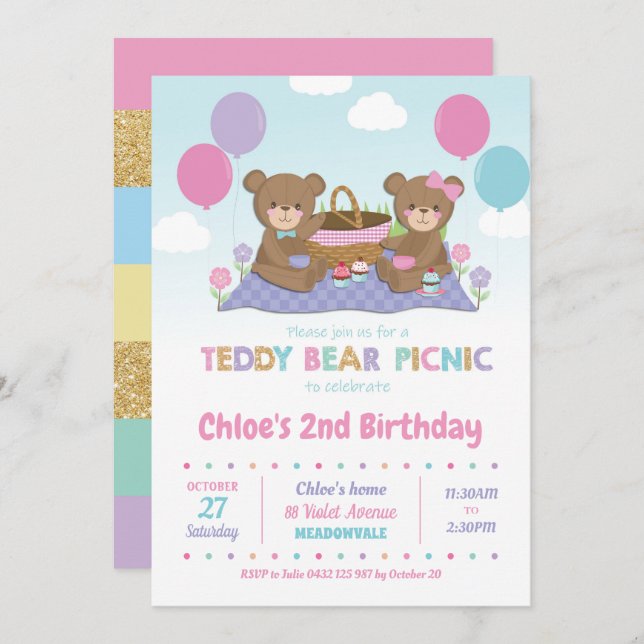 Teddy Bear Picnic Birthday Einladung Girl (Vorne/Hinten)