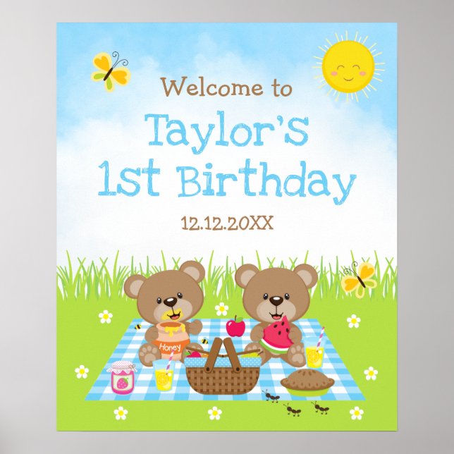 Teddy Bear Picnic Blue Geburtstag Begrüßungszeiche Poster (Vorne)