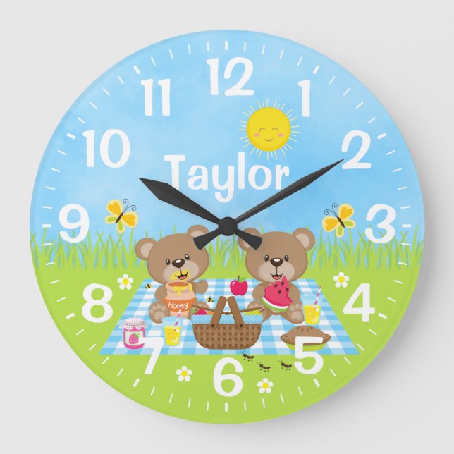 Teddy Bear Picnic Blue Große Wanduhr (Vorderseite)