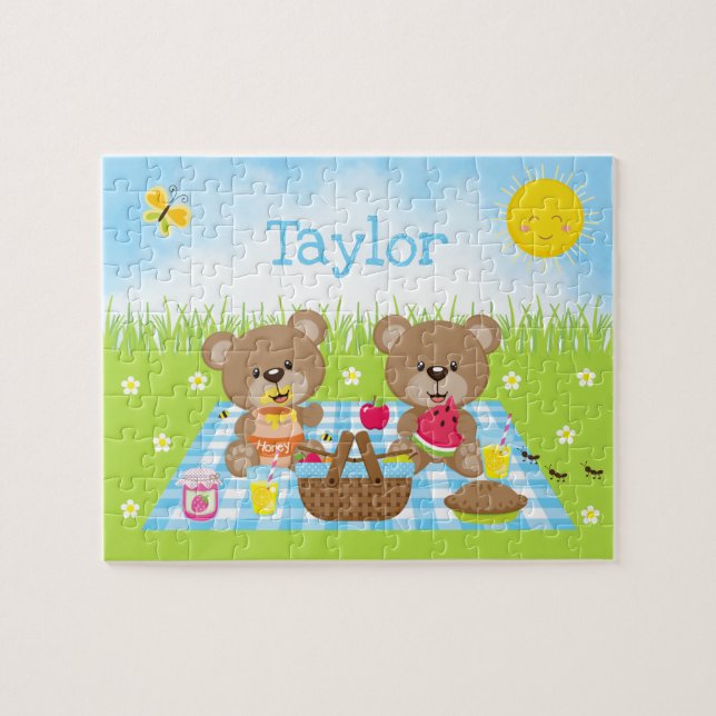 Teddy Bear Picnic Boy Blue Gingham Puzzle (Horizontal)