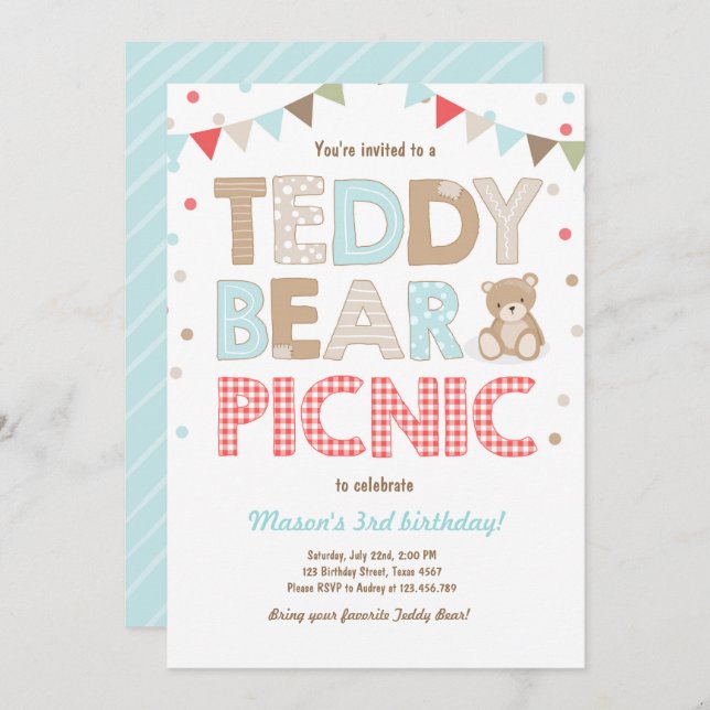 Teddy Bear Picnic Geburtstag Einladung Blue (Vorne/Hinten)