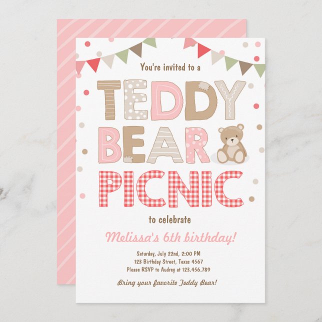 Teddy Bear Picnic Geburtstag Einladung Pink (Vorne/Hinten)