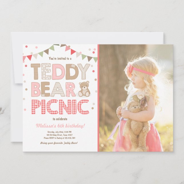Teddy Bear Picnic Geburtstag Einladung Pink (Vorderseite)